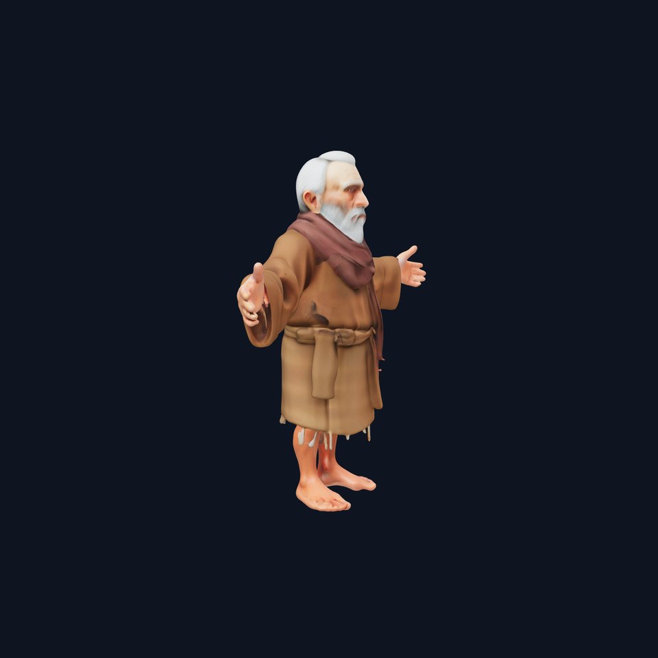 Old Bearded Man in Robe D Character Model with PBR Textures